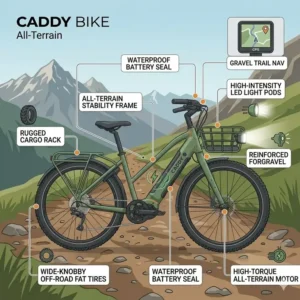 Illustration of an all-terrain caddy bikecaddy bikecaddy bike with fat tires navigating a rugged mountain gravel trail.