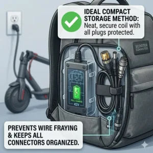 Illustration 7: A compact and lightweight electric scooter charger being placed into a commuter backpack for on-the-go charging.