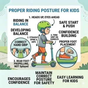 An instructional poster showing the correct upright riding posture and hand grip for a scooter for 5 year old.