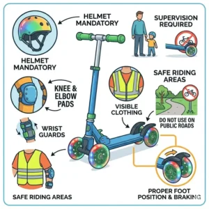 Illustration of a child wearing a helmet and safety gear while riding a 4 wheel kick scooter.