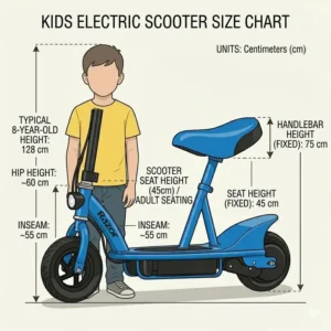 A professional size chart comparing a child's height to the dimensions of a childs electric scooter with seat.