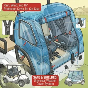 Illustration 7: A golf cart equipped with a rain enclosure protecting a child in a car seat for golf cart.