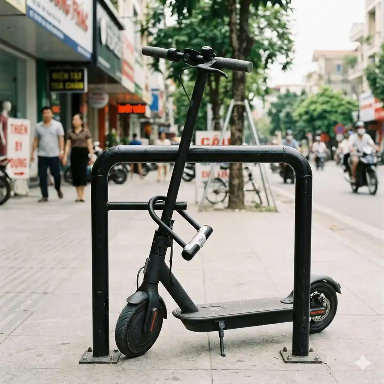 A secure urban setup showing how to lock electric scooter to prevent theft using a heavy-duty U-lock on a bike rack.