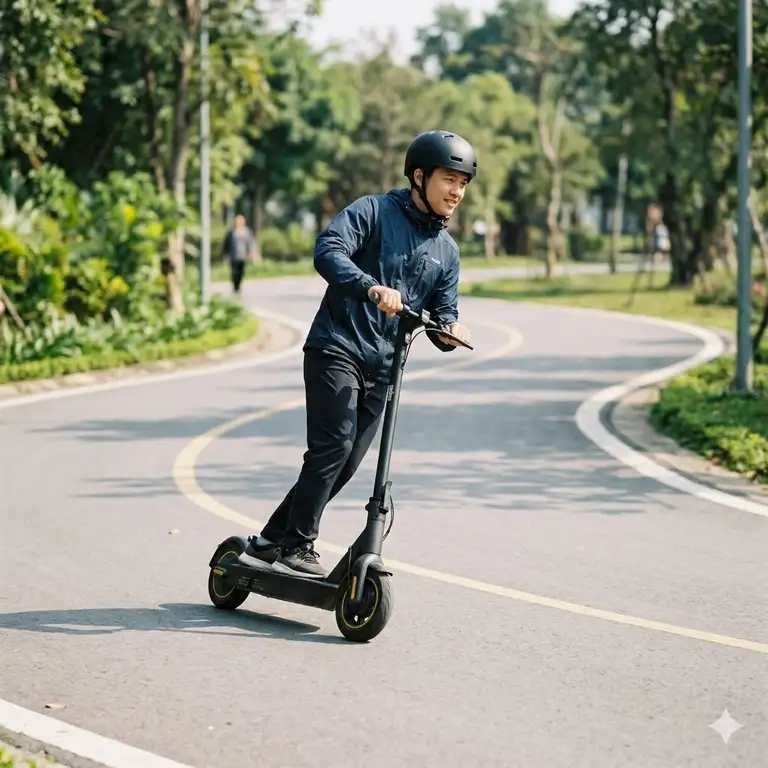 rider in a park showing how to turn properly on electric scooter by leaning into a wide curve.