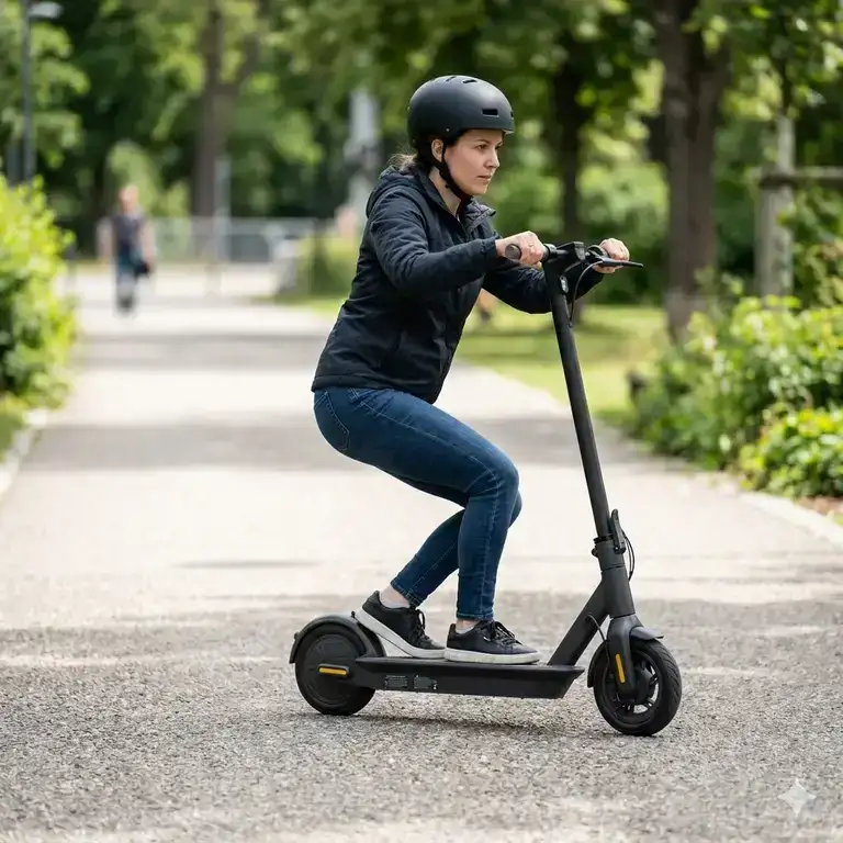 A rider demonstrating the correct posture and body positioning for how to brake safely on electric scooter in an urban setting.
