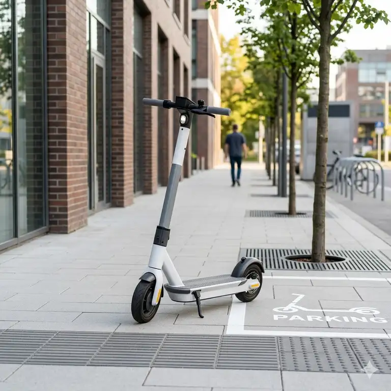 A modern electric scooter standing in a designated urban area illustrating how to park electric scooter properly for city commuters.