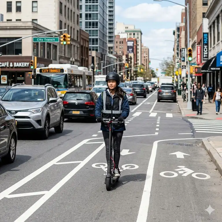 A professional guide on how to ride electric scooter in traffic safely showing a rider in a busy city bike lane.