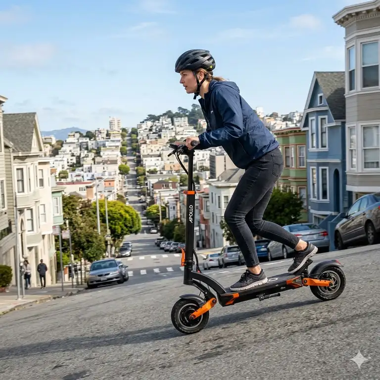 A professional rider demonstrating how to ride electric scooter uphill on a steep city street.