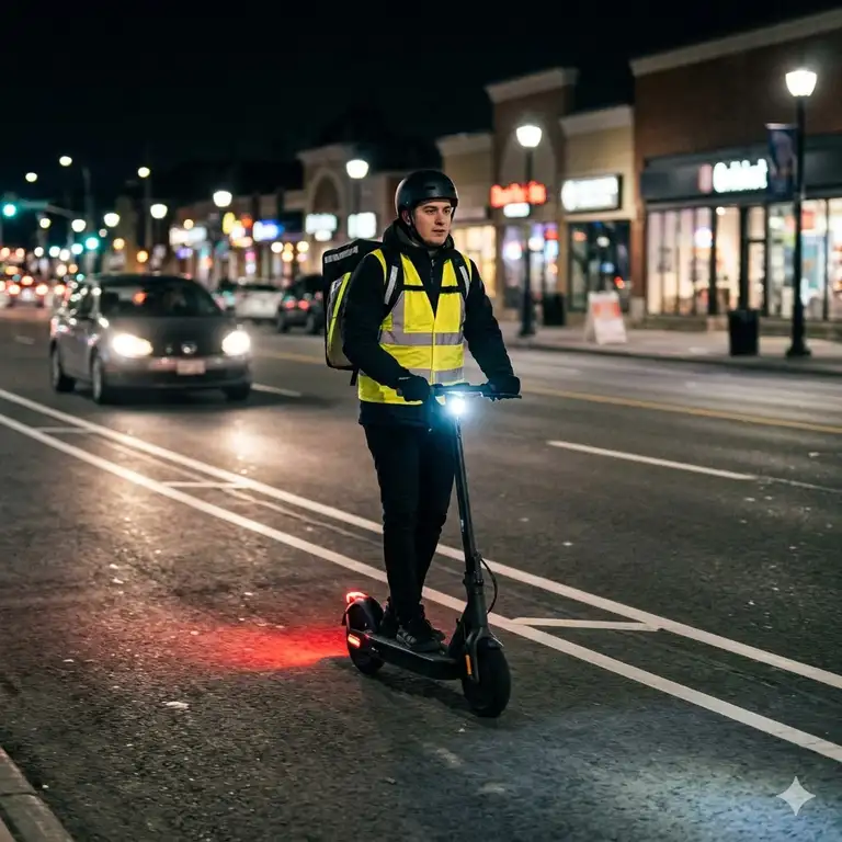 A professional rider equipped with safety gear demonstrating how to ride scooter at night safely on a lit city street.