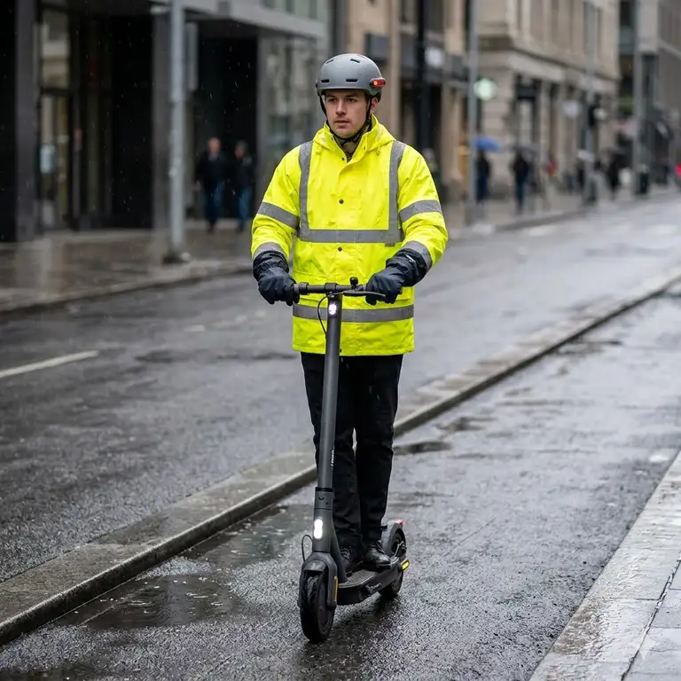 A rider in high-visibility gear demonstrating how to use electric scooter in rain safely on a wet city street.