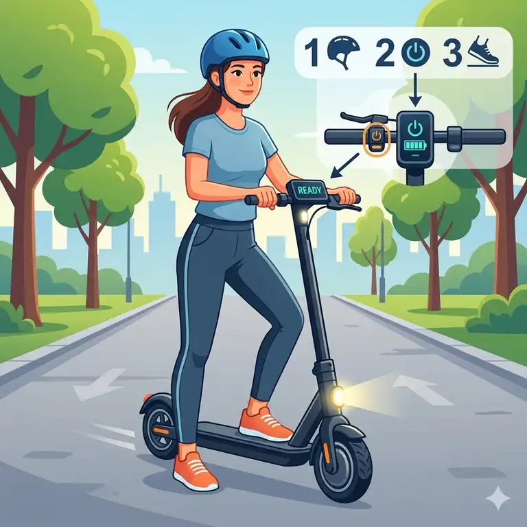 A person ready to ride on a path showing how to start electric scooter step by step.