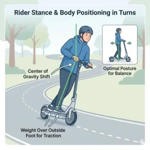 Diagram of correct rider stance and center of gravity to explain how to turn properly on electric scooter.