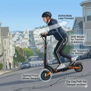 Diagram showing the correct forward-leaning body posture for how to ride electric scooter uphill effectively.