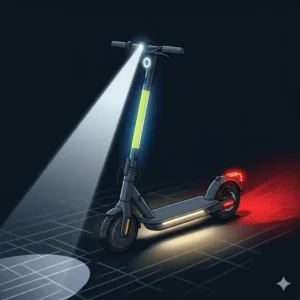 Detailed view of bright LED headlights and tail lights showing how to ride scooter at night safely with maximum visibility.