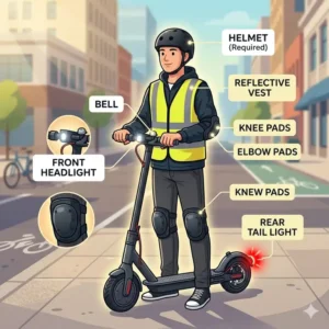 Essential safety gear checklist for anyone learning how to ride electric scooter in traffic safely including a helmet and vest.