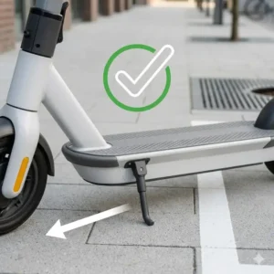 Close-up of a kickstand being deployed on level ground to show how to park electric scooter properly and prevent tipping.