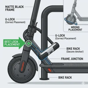 Detailed illustration of U-lock placement on the main frame showing how to lock electric scooter to prevent theft effectively.