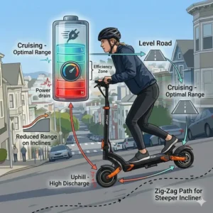 An infographic explaining battery consumption and energy saving when learning how to ride electric scooter uphill.