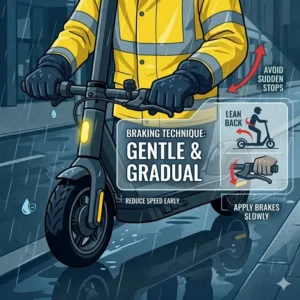 An infographic showing gradual braking techniques and how to use electric scooter in rain safely without skidding.