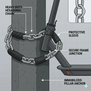 Heavy-duty hexagonal chain wrapped around a concrete pillar explaining how to lock electric scooter to prevent theft in public areas.