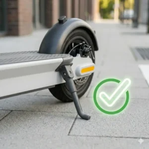 An e-scooter placed inside a painted white box on the pavement as a guide on how to park electric scooter properly in public zones.