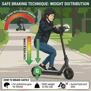 A close-up view of the handlebars and dual levers explaining how to brake safely on electric scooter by engaging both brakes.