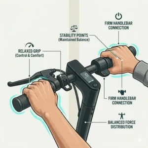 Proper foot positioning diagram for how to balance on electric scooter first time.