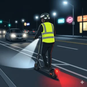A person wearing a reflective vest and helmet stickers to illustrate how to ride scooter at night safely.