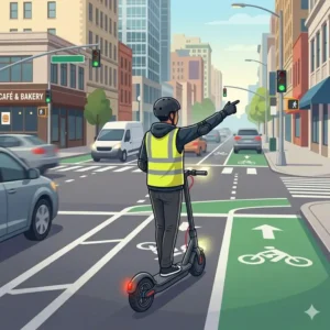 Proper hand signals used by a rider demonstrating how to ride electric scooter in traffic safely at a junction.