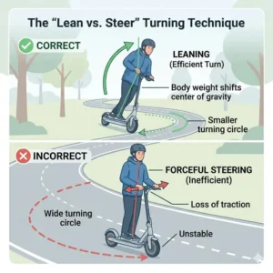 A comparison of leaning versus steering techniques for how to turn properly on electric scooter.