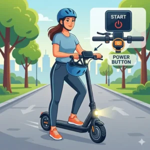 Locating the main power button on the handlebar for how to start electric scooter step by step.