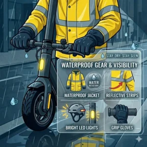 Identifying road hazards like puddles and metal covers to know how to use electric scooter in rain safely.