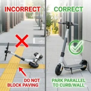 A comparison diagram showing the importance of not blocking paths when learning how to park electric scooter properly.