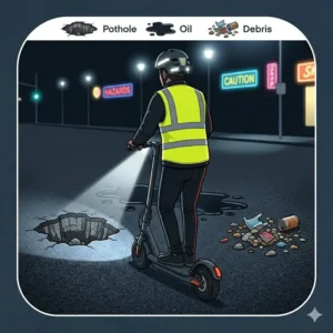 Identifying road hazards like potholes and debris to learn how to ride scooter at night safely.