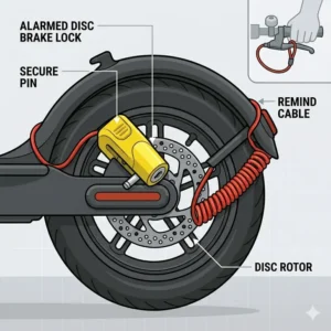 An alarmed disc brake lock installed on the wheel rotor as a key step in how to lock electric scooter to prevent theft.
