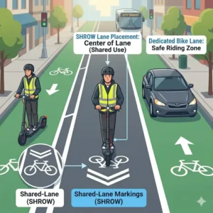 A diagram of correct road positioning to show how to ride electric scooter in traffic safely alongside cars.