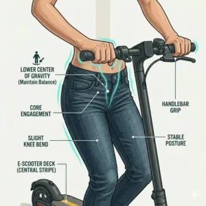 Demonstration of the initial kick-off to learn how to balance on electric scooter first time