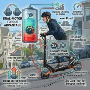 Technical illustration of dual motor engagement, a key factor in how to ride electric scooter uphill.