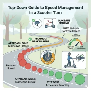 Top-down view of the ideal path and speed control for how to turn properly on electric scooter.