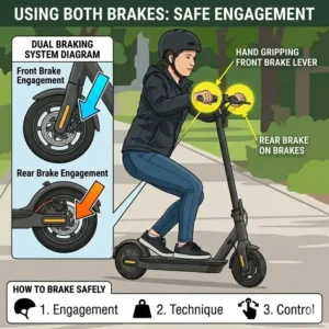 A guide for riding in the rain showing the pumping technique for how to brake safely on electric scooter on wet roads.
