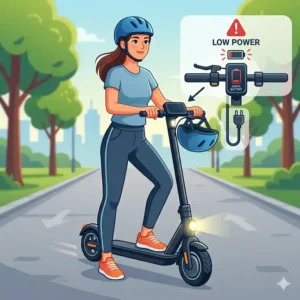 Verifying the digital battery display while learning how to start electric scooter step by step.