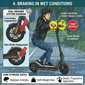 A step-by-step visual of an emergency stop maneuver teaching users how to brake safely on electric scooter in a crisis.