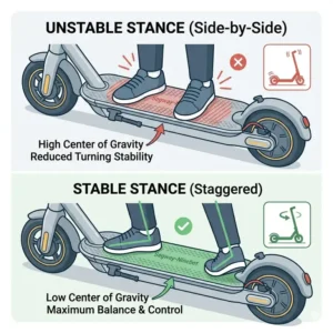 Detailed view of staggered foot placement required for how to turn properly on electric scooter.