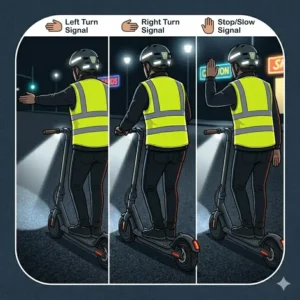 Using clear hand signals for turning and stopping to show others how to ride scooter at night safely.