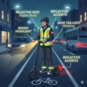 Night riding tips and light setups for how to ride electric scooter in traffic safely during low visibility.