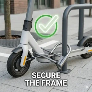 A heavy-duty lock securing the frame to a rack, demonstrating how to park electric scooter properly to avoid theft.