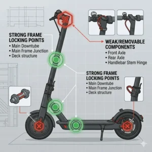 Diagram of a scooter highlighting secure frame parts and weak points for how to lock electric scooter to prevent theft
