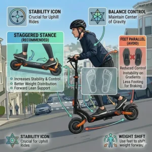 Visual guide on the staggered foot stance which is essential for how to ride electric scooter uphill safely.