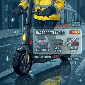 Essential waterproof clothing and lights that help with how to use electric scooter in rain safely during low visibility.