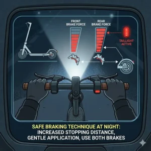 A technical diagram of proper braking pressure and increased distance for how to ride scooter at night safely.